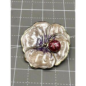 M. Jent Enamel Flower Brooch with Ladybug Signed Vintage Gold Tone 2”